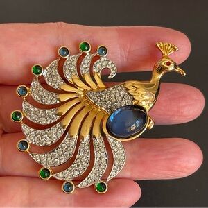 Vintage Puccini rhinestone & cabochon stone Peacock Brooch.